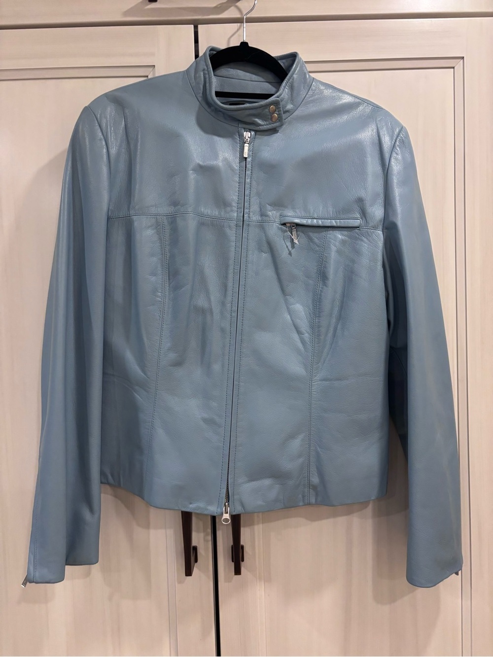 Vintage DANIER Pale Blue Genuine Leather Moto Racer Jacket Women's Lrg 3961 NEW